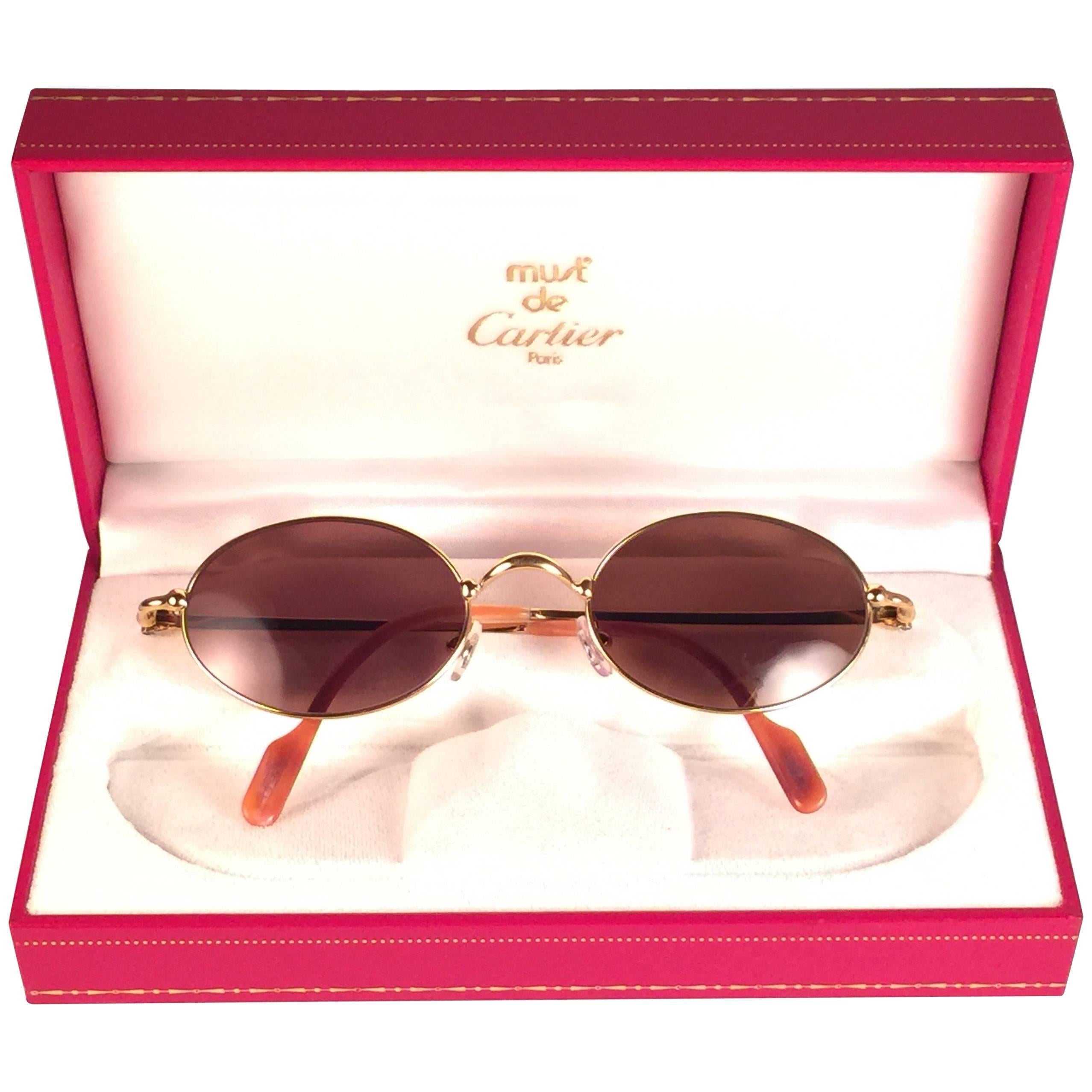 Vintage Cartier Filao 47MM Oval Gold Plated Brown Lens France 1990 Sunglasses For Sale