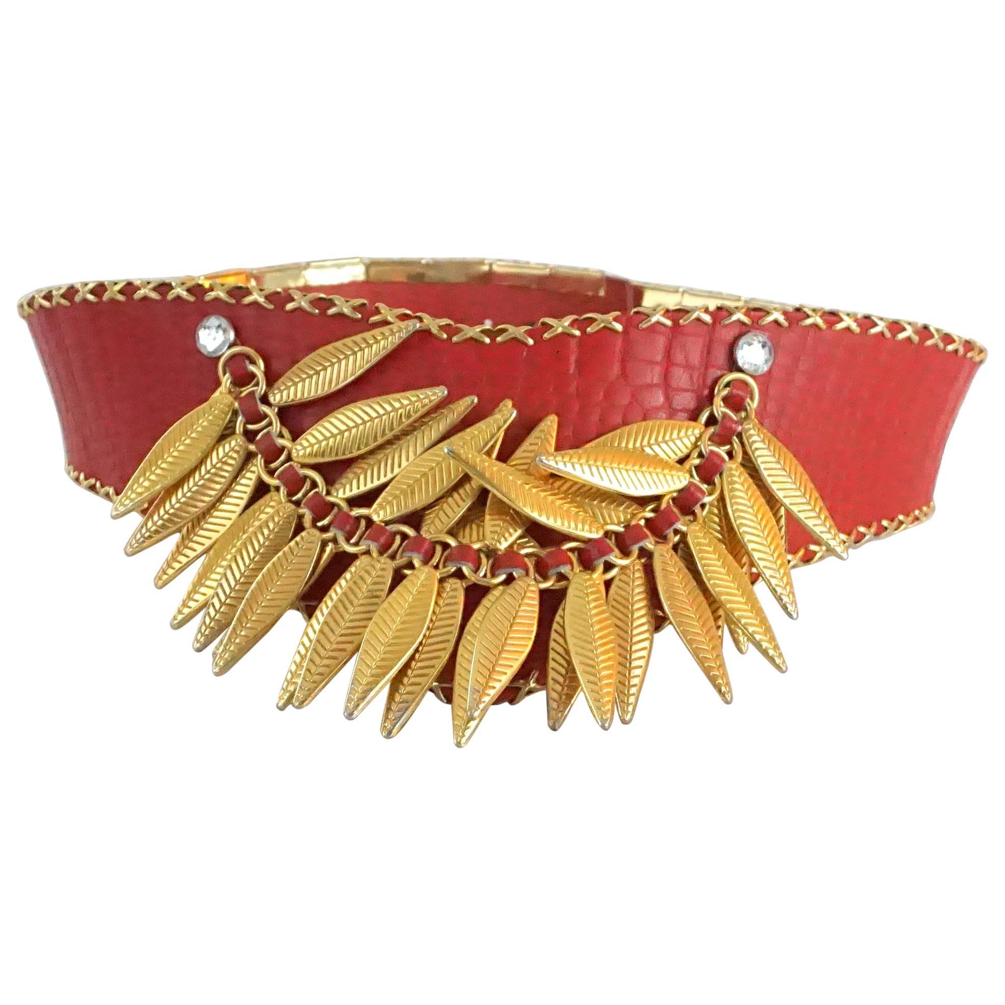 Jose Cotel Red Croc Embossed Belt with Gold Chain and Leaves - 1980's