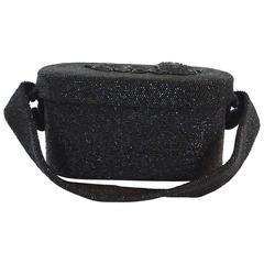 Retro Black Beaded Shoulder Bag with Floral Detail - circa 1950's 