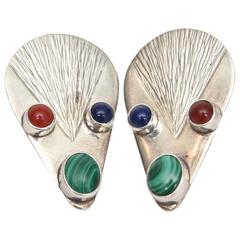 Pair of Sterling Silver, Malachite, Carnelian & Blue Lace Agate Clip On Earrings 1