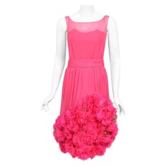 Vintage 1950's Ceil Chapman Shocking Pink Silk Chiffon Floral Appliqué Cocktail Dress