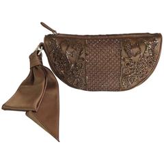 Sergio Rossi Brown Satin Beaded Clutch with Ribbon Detail 5