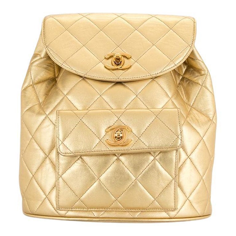Chanel 1994 Vintage Rare Metallic Gold Quilted Lambskin Duma CC Logo Backpack For Sale