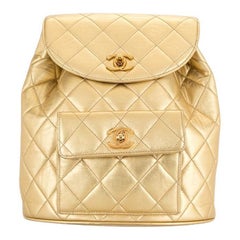 Chanel 1994 Retro Rare Metallic Gold Quilted Lambskin Duma CC Logo Backpack