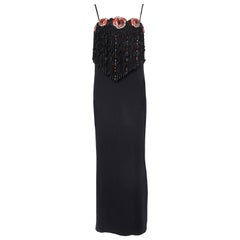 1970S VALENTINO Black Silk Crepe Gown With Beaded Crystal Roses & Epic Passemen