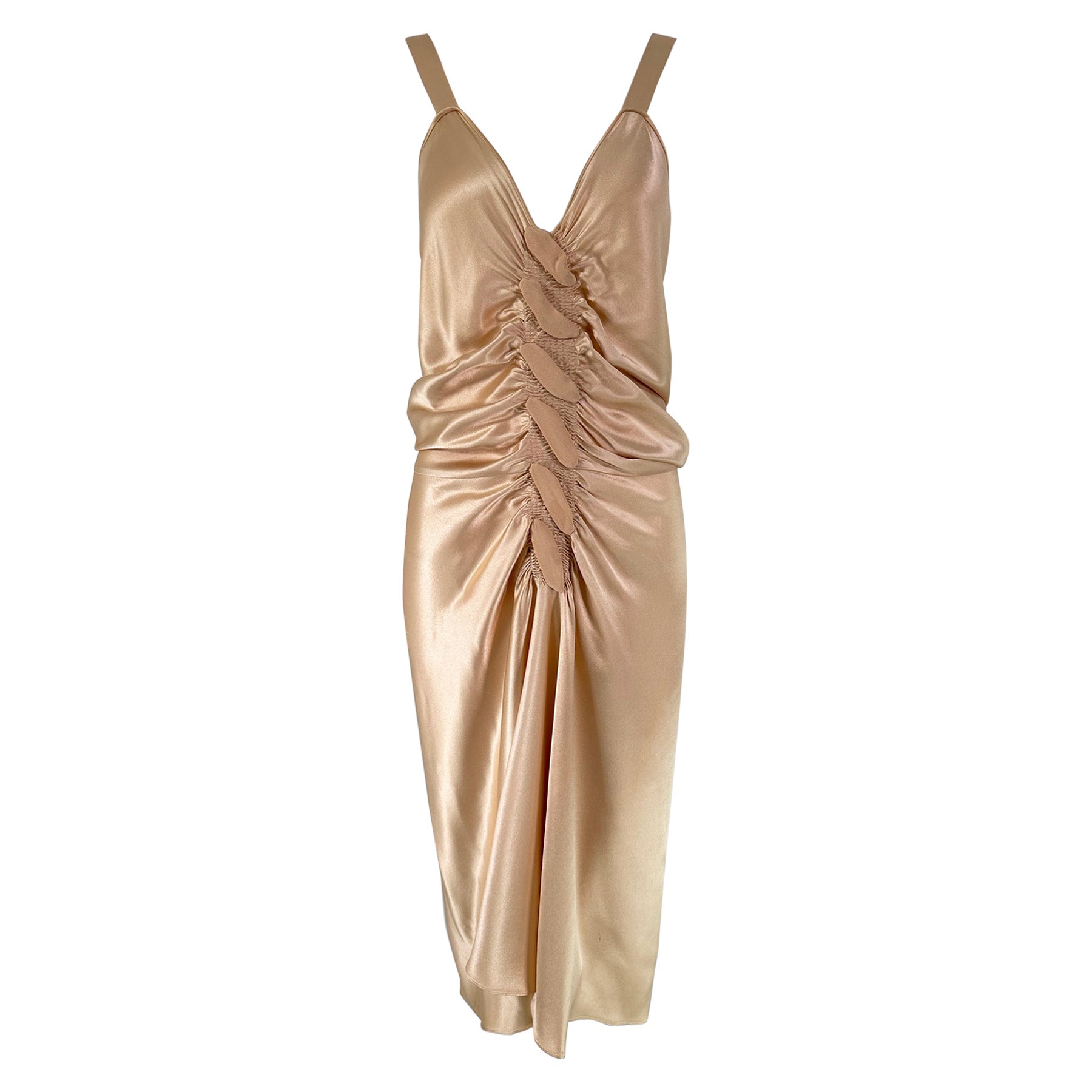 John Galliano Glamourous Gold Satin Shirred Front Button Back Evening Dress  6 For Sale