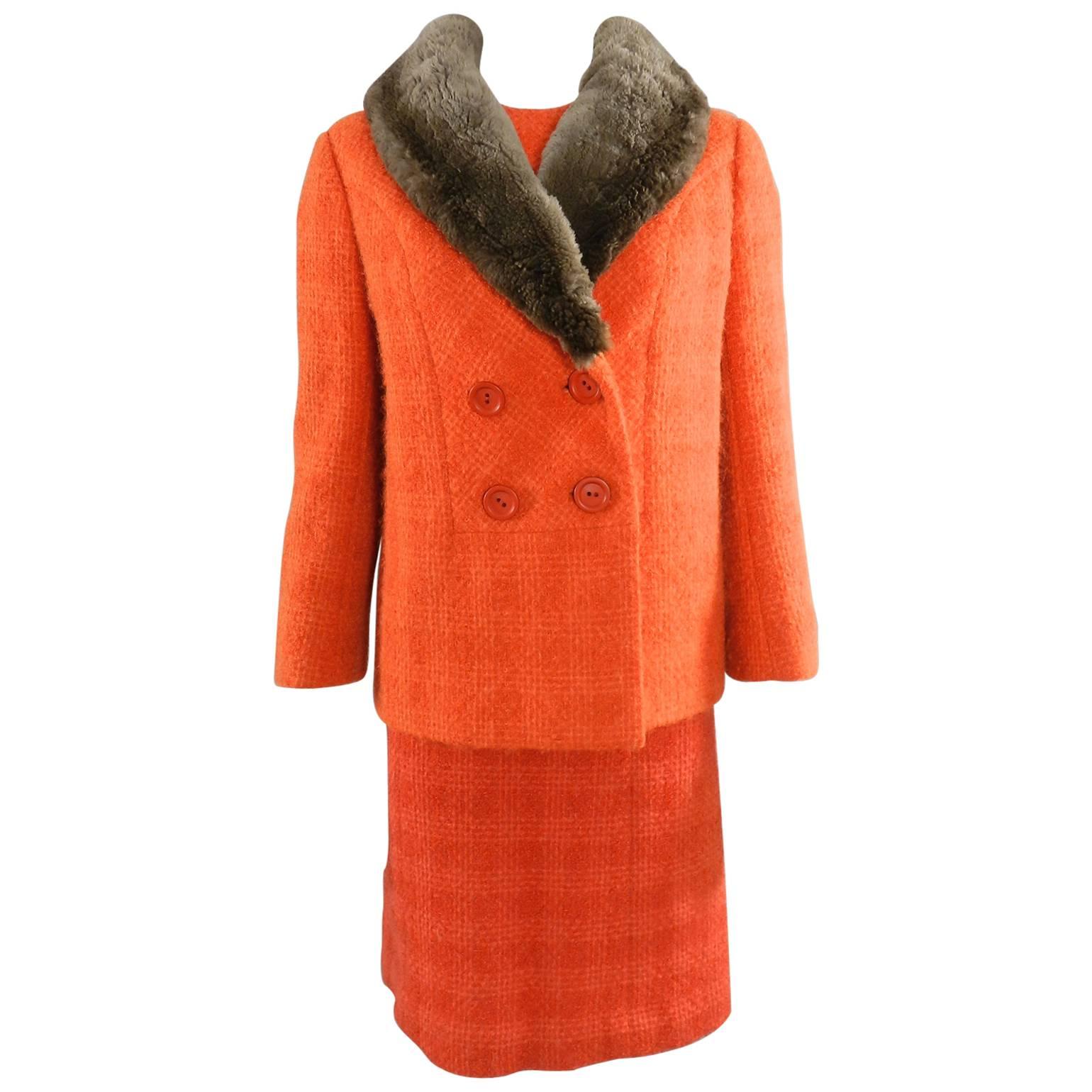 Norman Hartnell Vintage Orange Wool Dress and Jacket Suit, early 1960s 