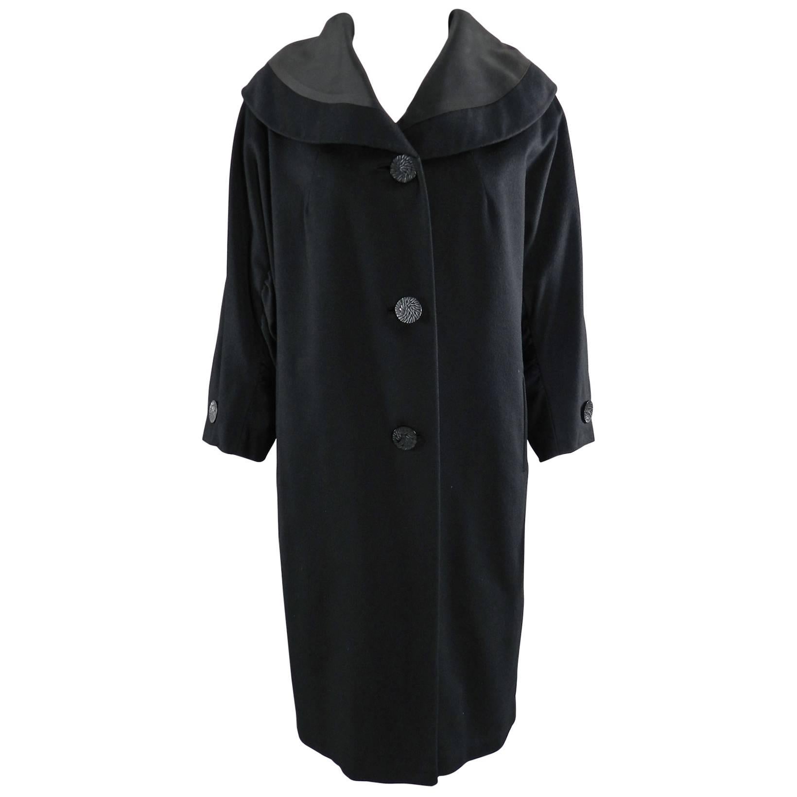 Vintage 1950's Norman Hartnell Black Wool Coat