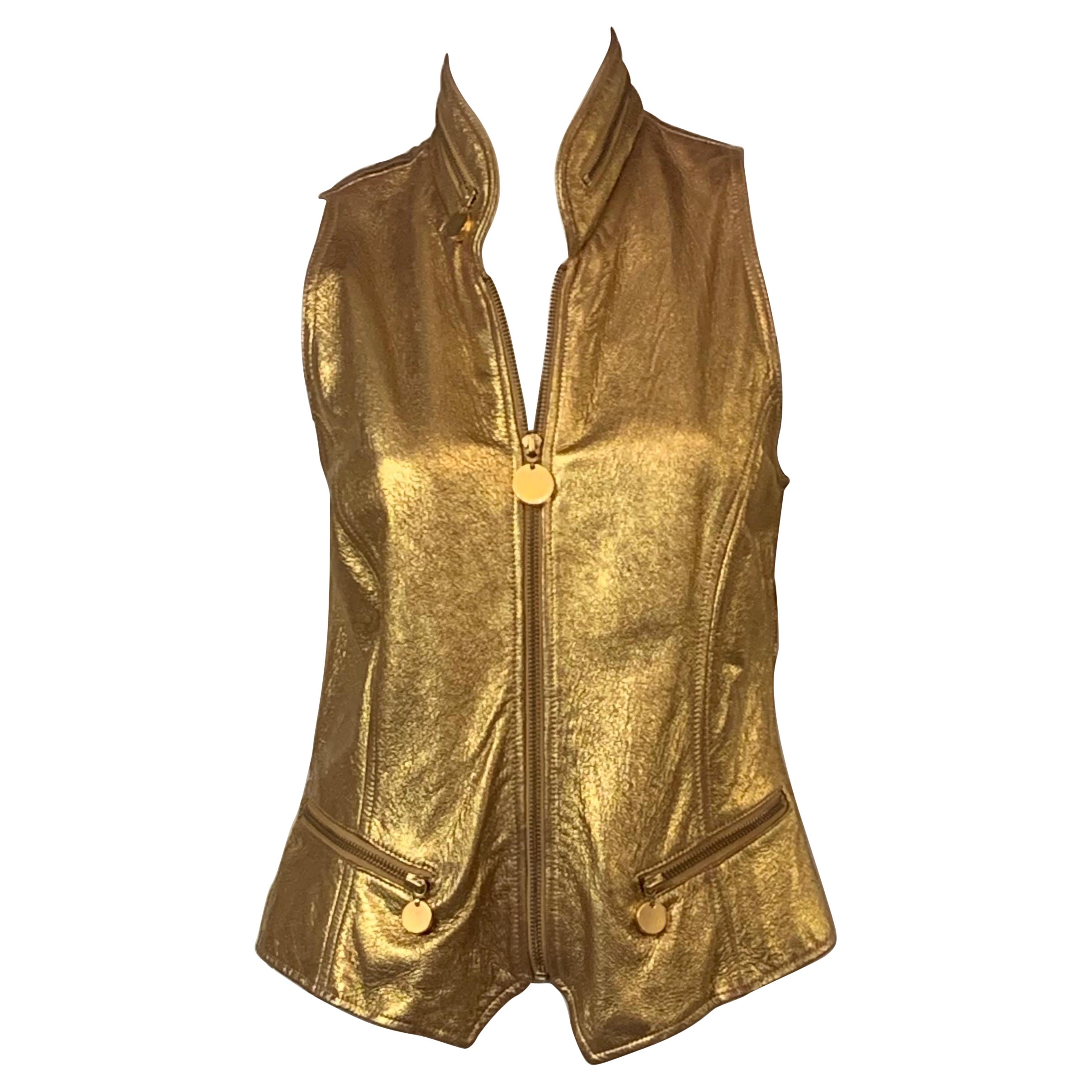 Donna Karan 1980's Gold Zip Front Leather Vest For Sale