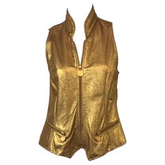 Donna Karan 1980's Gold Zip Front Leather Vest