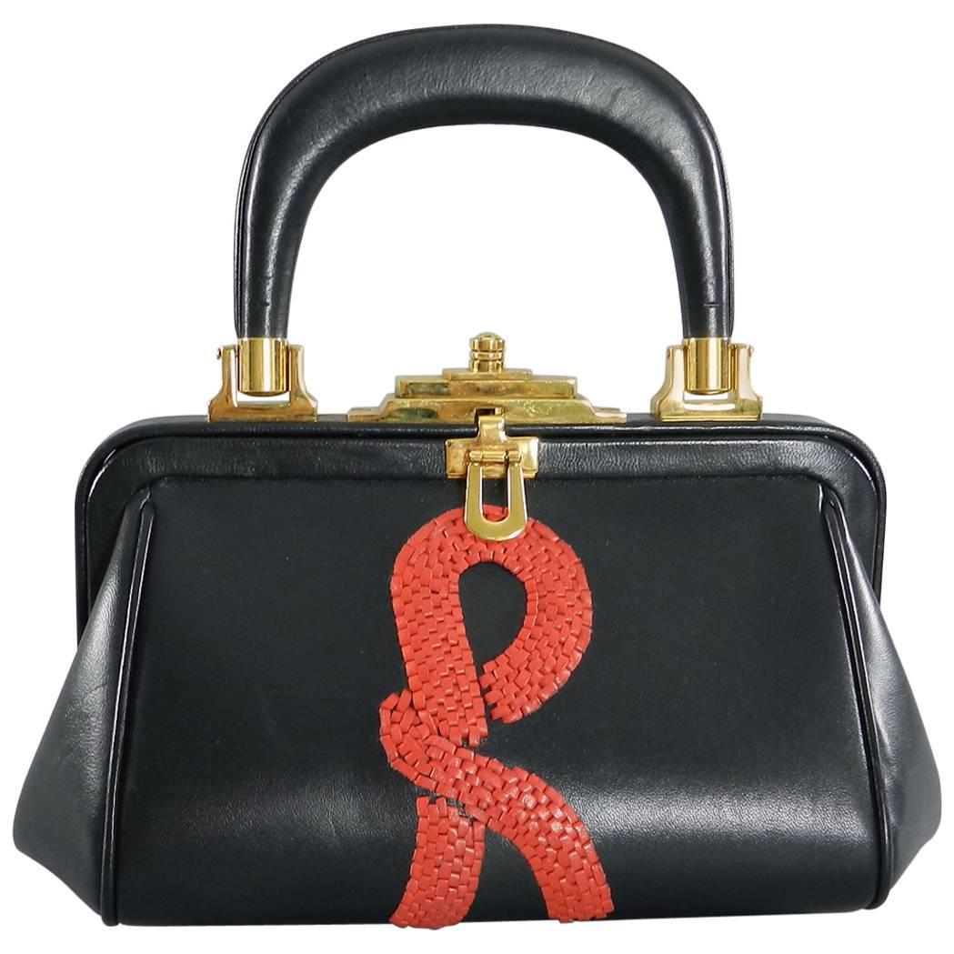 Roberta Di Camerino Vintage Style Leather Bag With Red Woven R Logo Roberta Di Camerino Vintage Style Leather Bag With Red Woven R Logo At 1stdibs