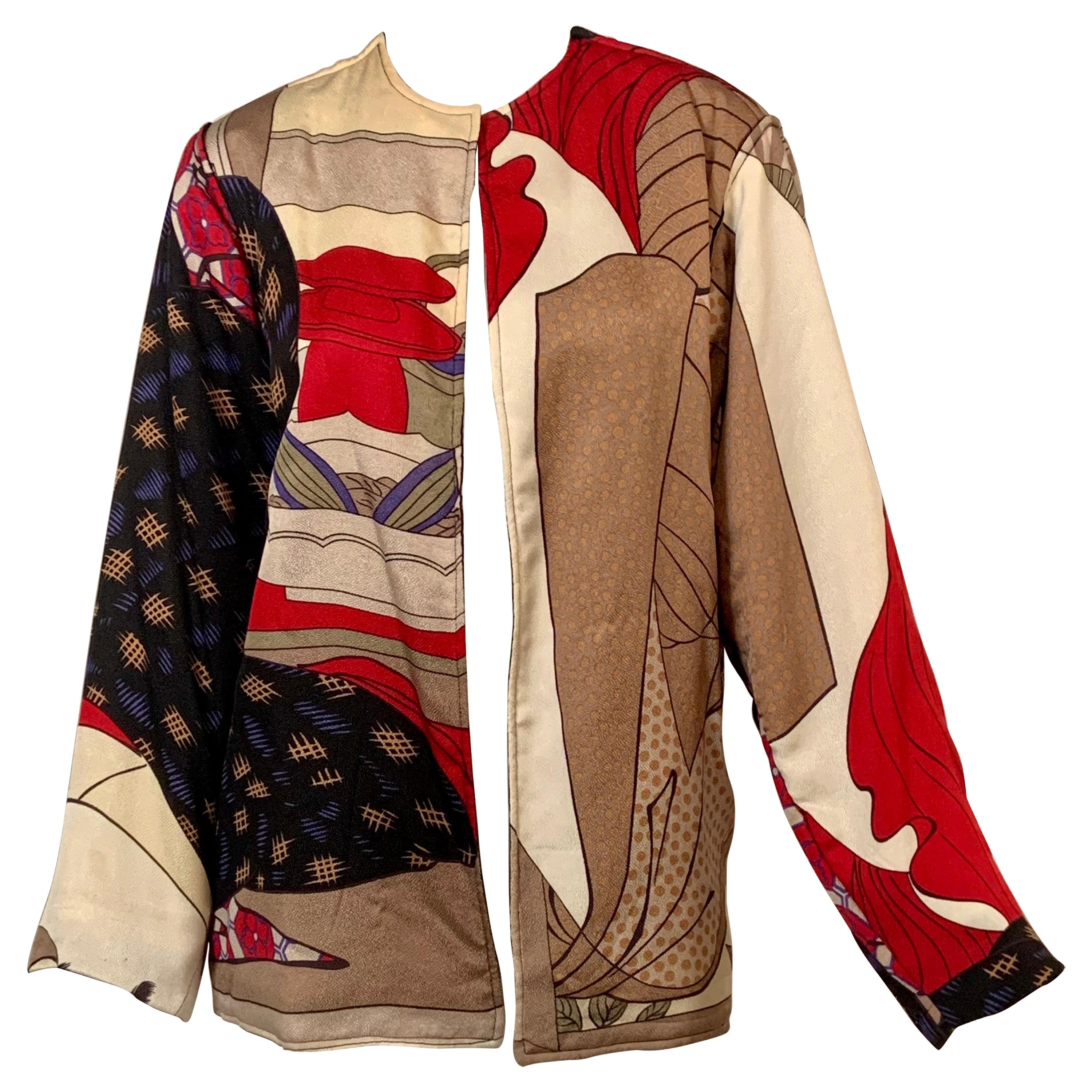 Jacques Molko Paris Colorful Asian Inspired Silk Print Jacket For Sale