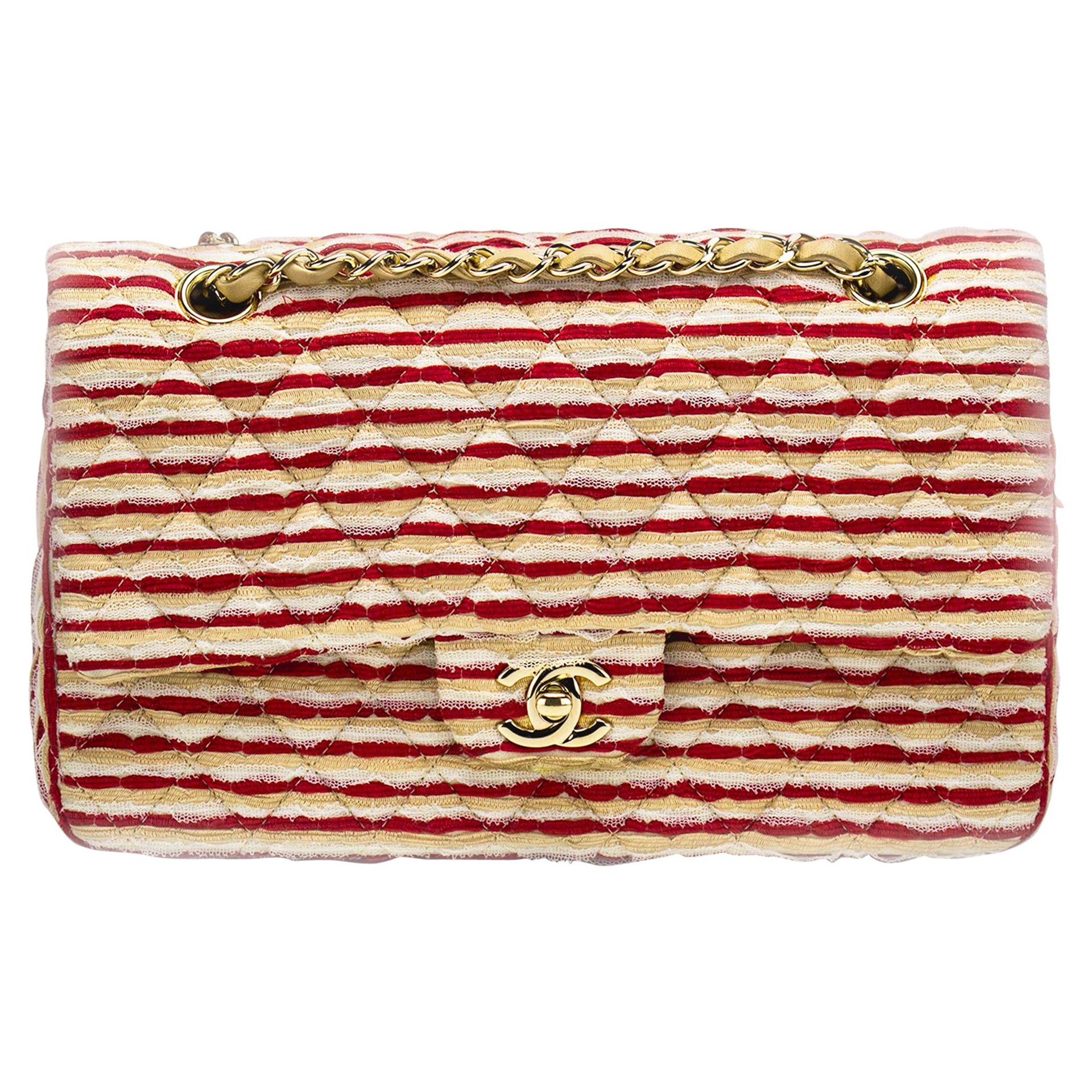 Chanel Medium Classic Vintage Striped Red and Beige Double