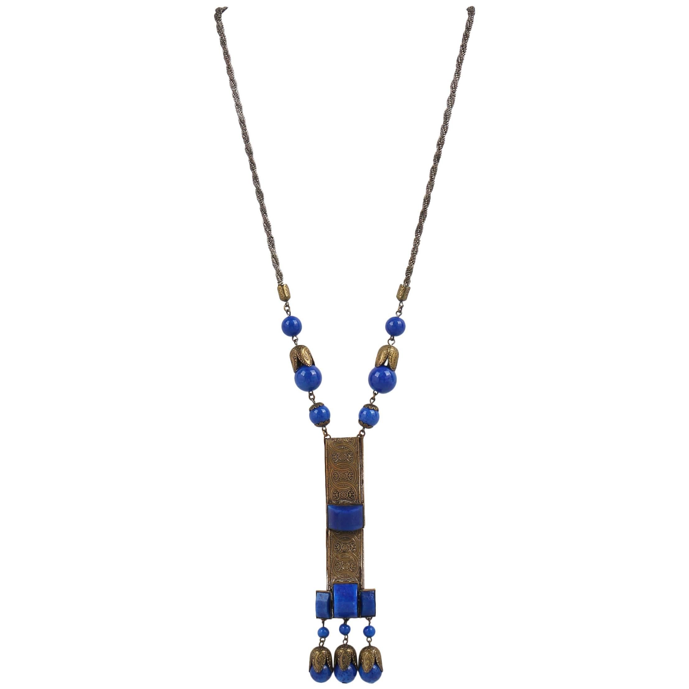 1920s Czech Art Deco Blue Lapis Glass Etched Brass Sautoir Pendant Necklace
