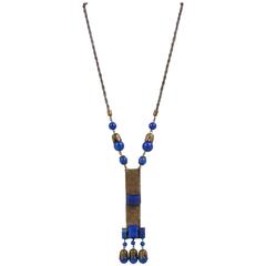 1920s Czech Art Deco Blue Lapis Glass Etched Brass Sautoir Pendant Necklace 11