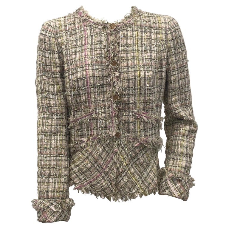 Chanel Excellent 08a Lesage Tweed Plaid Blazer Pink Fringed Jacket 42 Us 10  Auction