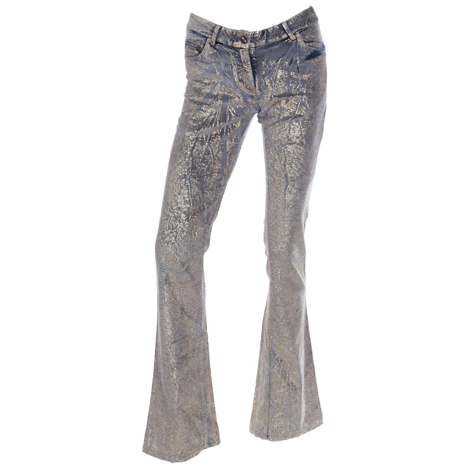 2000s Roberto Cavalli Vintage Low Rise Grey Velvet Jeans w Gold Detail For Sale