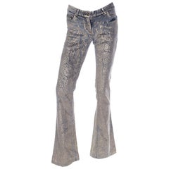 2000s Roberto Cavalli Vintage Low Rise Grey Velvet Jeans w Gold Detail