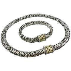 John Hardy Sterling Silver Classic Woven 18k Necklace and Bracelet Set 10.5 mm