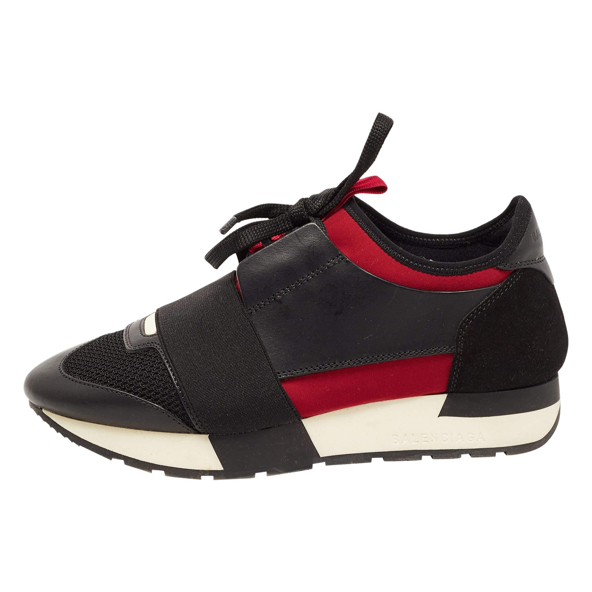 Balenciaga Black/Red Leather and Mesh Race Runner Sneakers Size 36