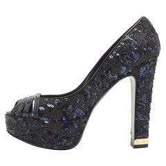 Louis Vuitton Navy Blue/Black Sequins Peep Toe Platform Pumps Size 37