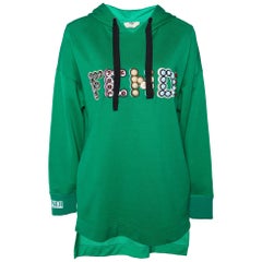 Fendi Green Logo Embellished Cotton Knit Asymmetric hem Hooded Sweatshirt S