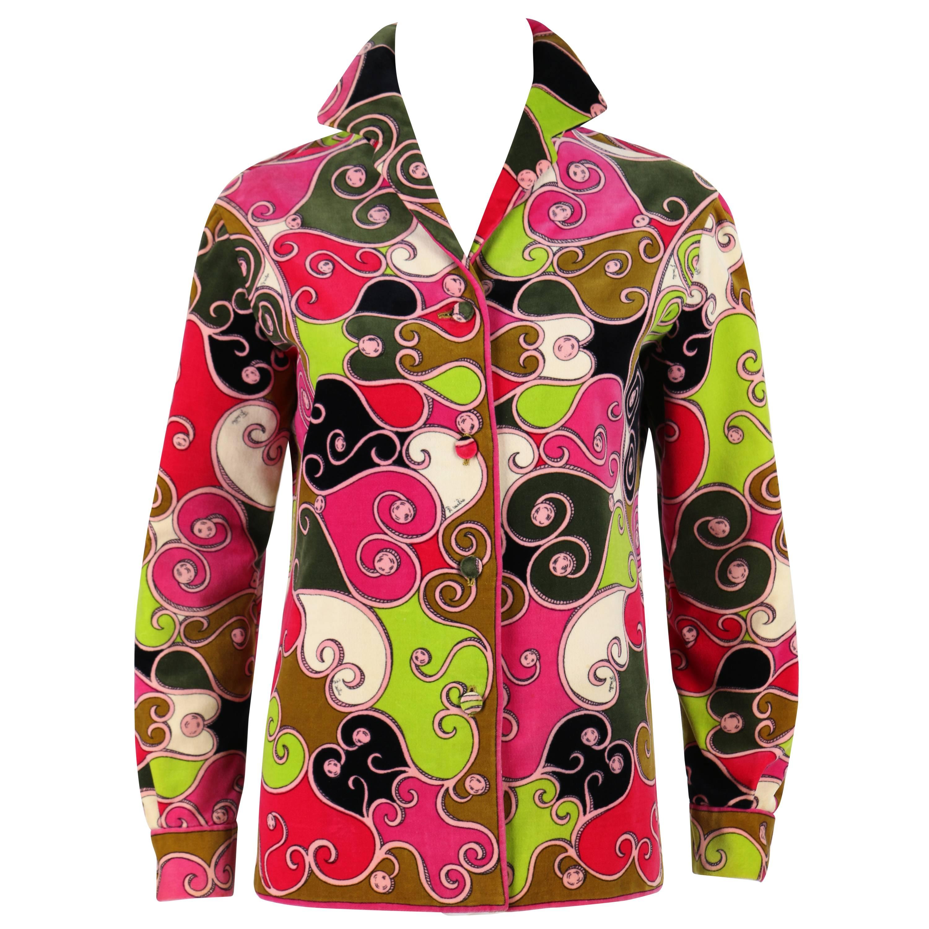 EMILIO PUCCI 1970s Multicolor Scroll Signature Print Velvet Jacket