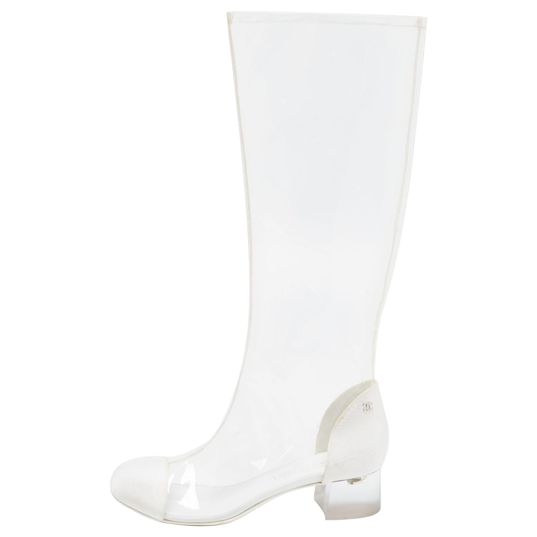 Chanel White/Transparent Canvas and PVC Midcalf Boots Size 38