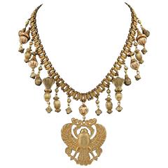 MIRIAM HASKELL 1970s Gold Chain Winged Scarab Egyptian Etruscan Pendant Necklace 2