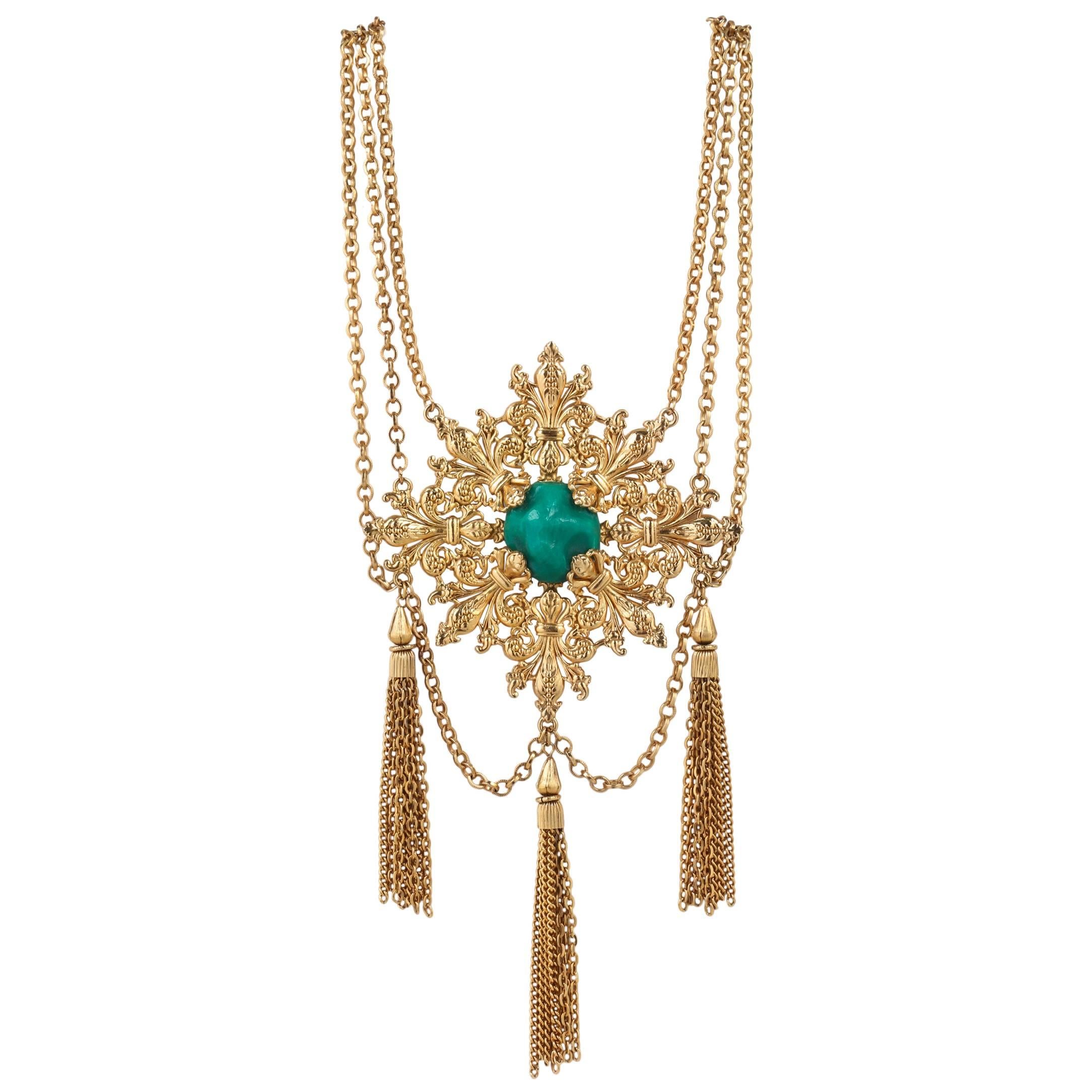 NAPIER 1970s Gold Fleur de Lis Baroque Medallion Pendant Chain Tassel Necklace