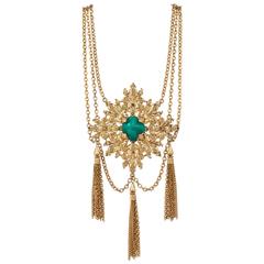 NAPIER 1970s Gold Fleur de Lis Baroque Medallion Pendant Chain Tassle Necklace 2