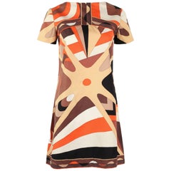 EMILIO PUCCI 1960s Brown Op Art Signature Print Short Sleeve Shift Dress Size 10