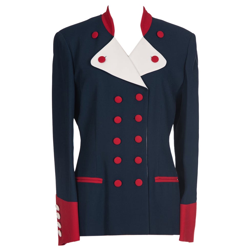 1990s Moschino Cheap & Chic Blue Red & White Military or Riding Style Blazer For Sale