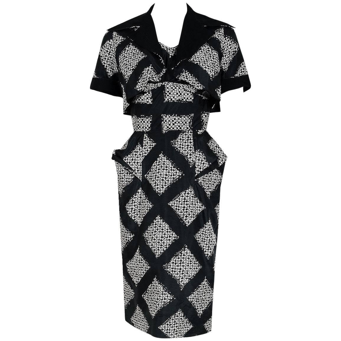 1940's Don Loper Black White Abstract Checkered Silk Shelf-Bust Dress & Bolero