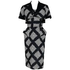 Vintage 1940's Don Loper Black White Abstract Checkered Silk Shelf-Bust Dress & Bolero