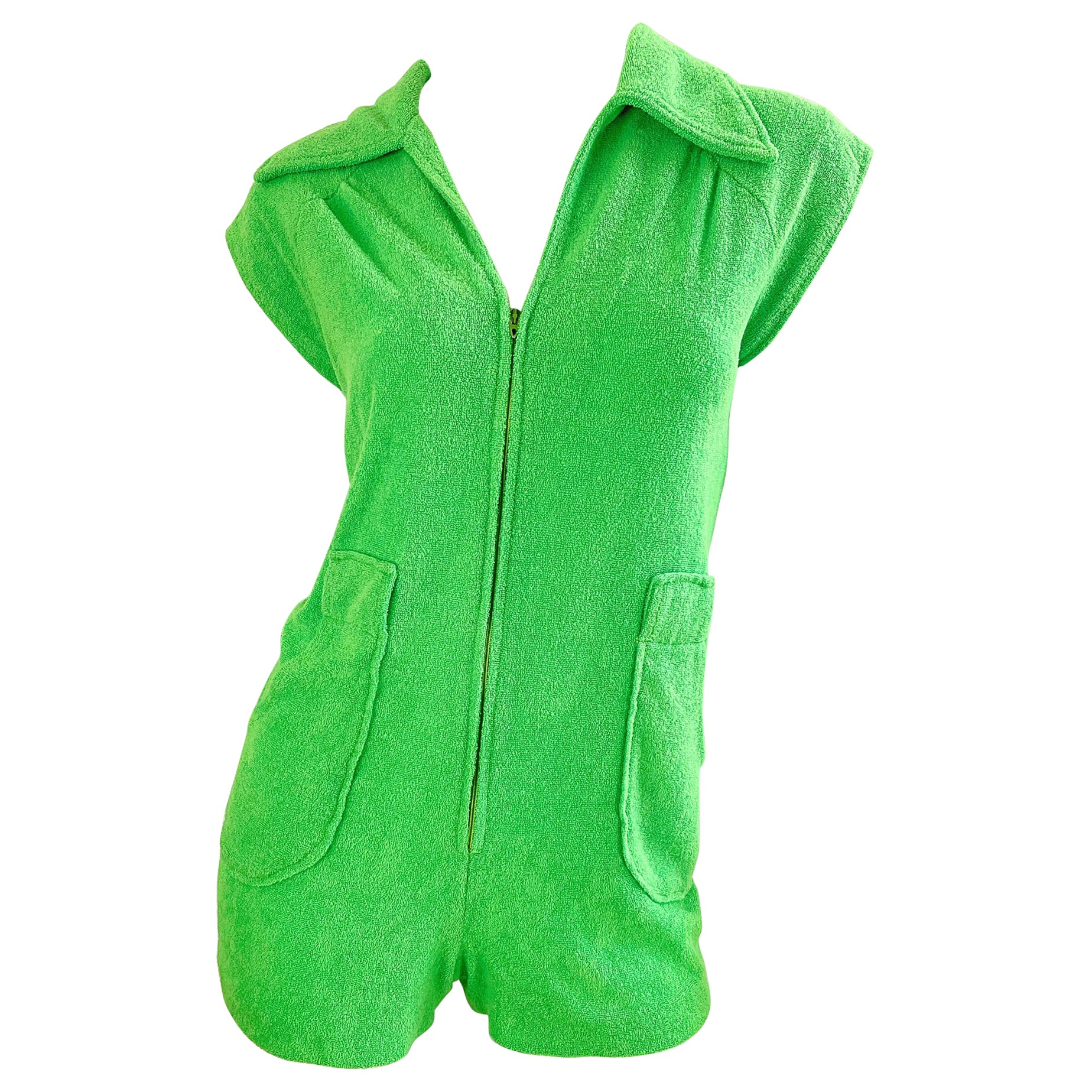 Amazing 1970s Terrycloth Neon Green Romper Vintage 70s Shorts Jumpsuit For Sale