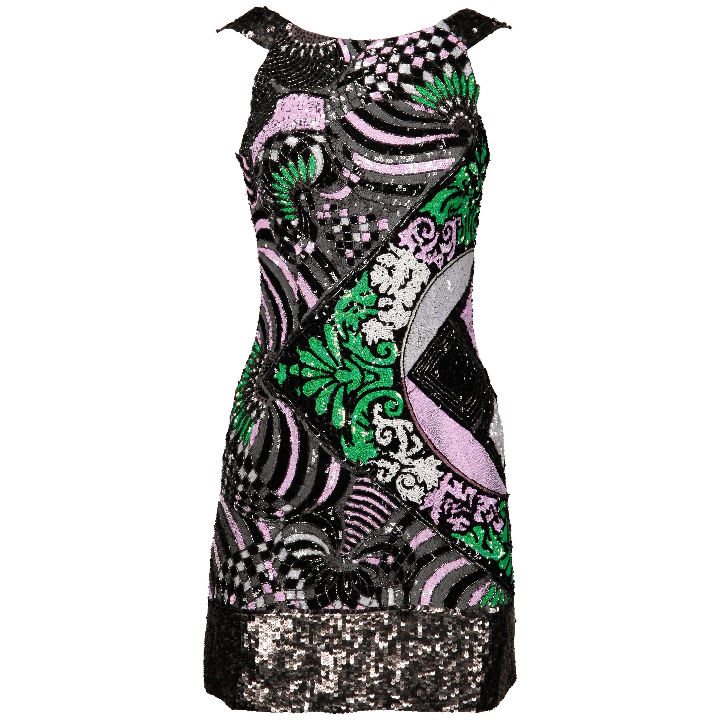 Versace Heavily Beaded + Sequin Dress with Open Cut Out Back