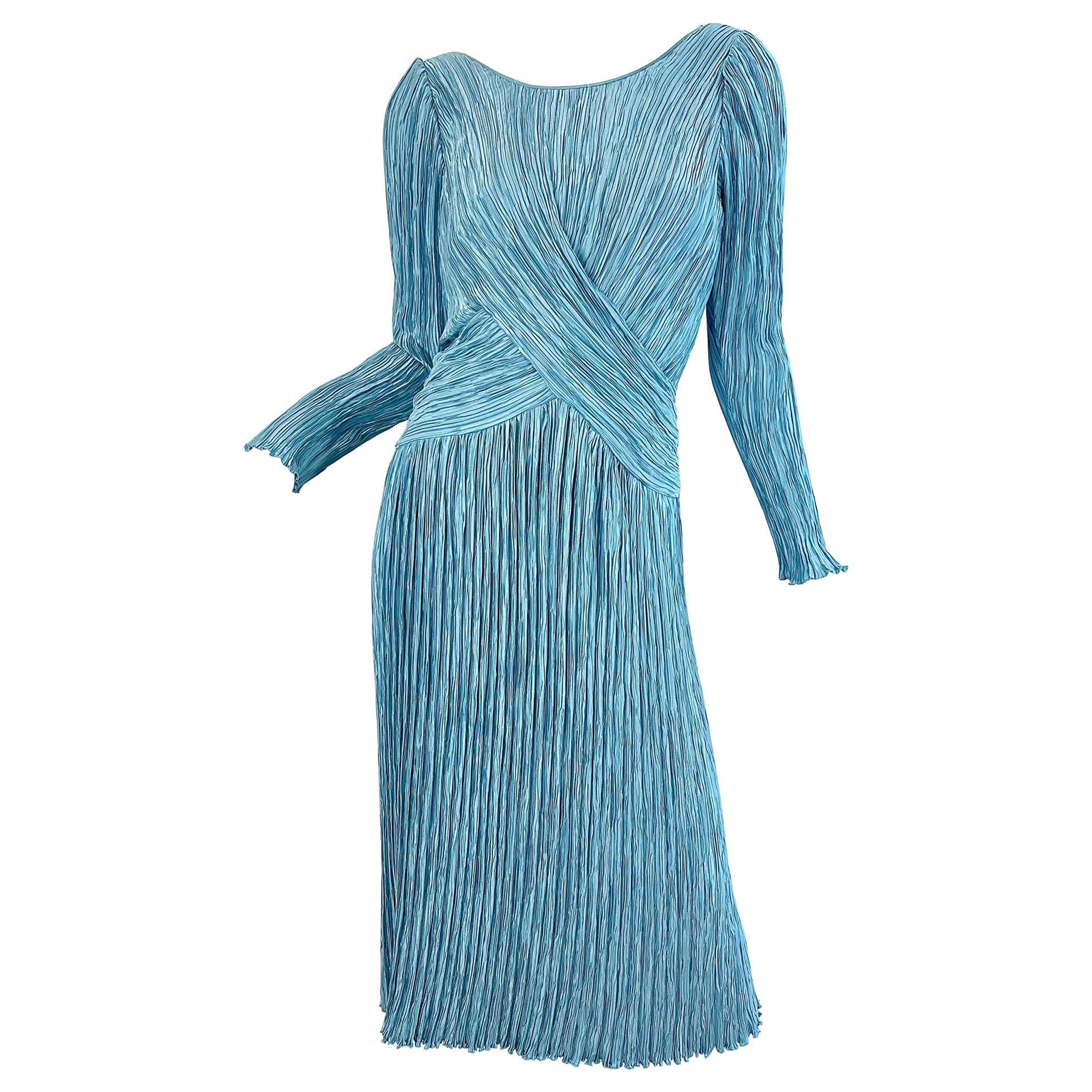 1980s Mary McFadden Couture Size 12 Blue Fortuny Pleated Vintage 80s Dress