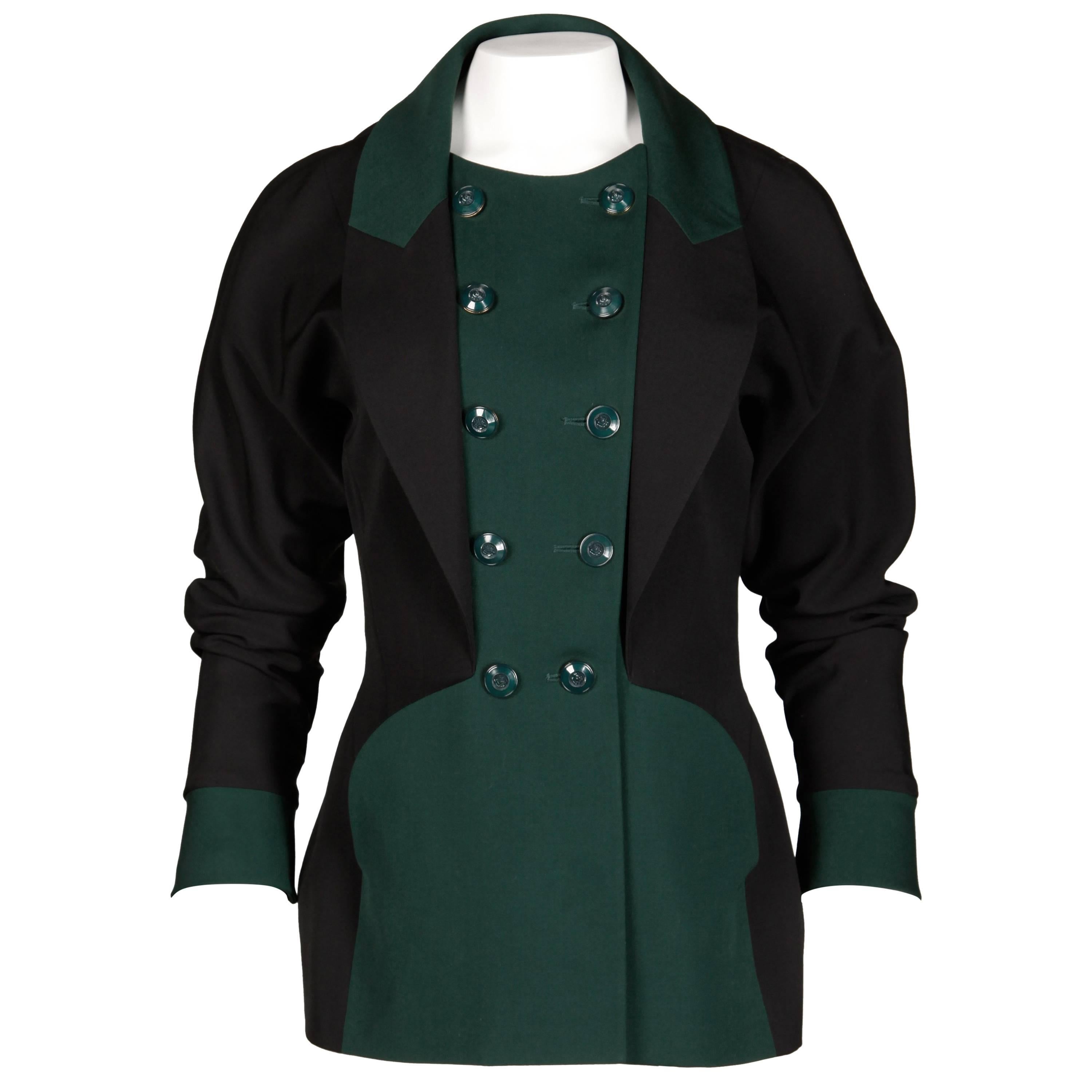 Karl Lagerfeld 1990s Vintage Green + Black Wool Military Jacket