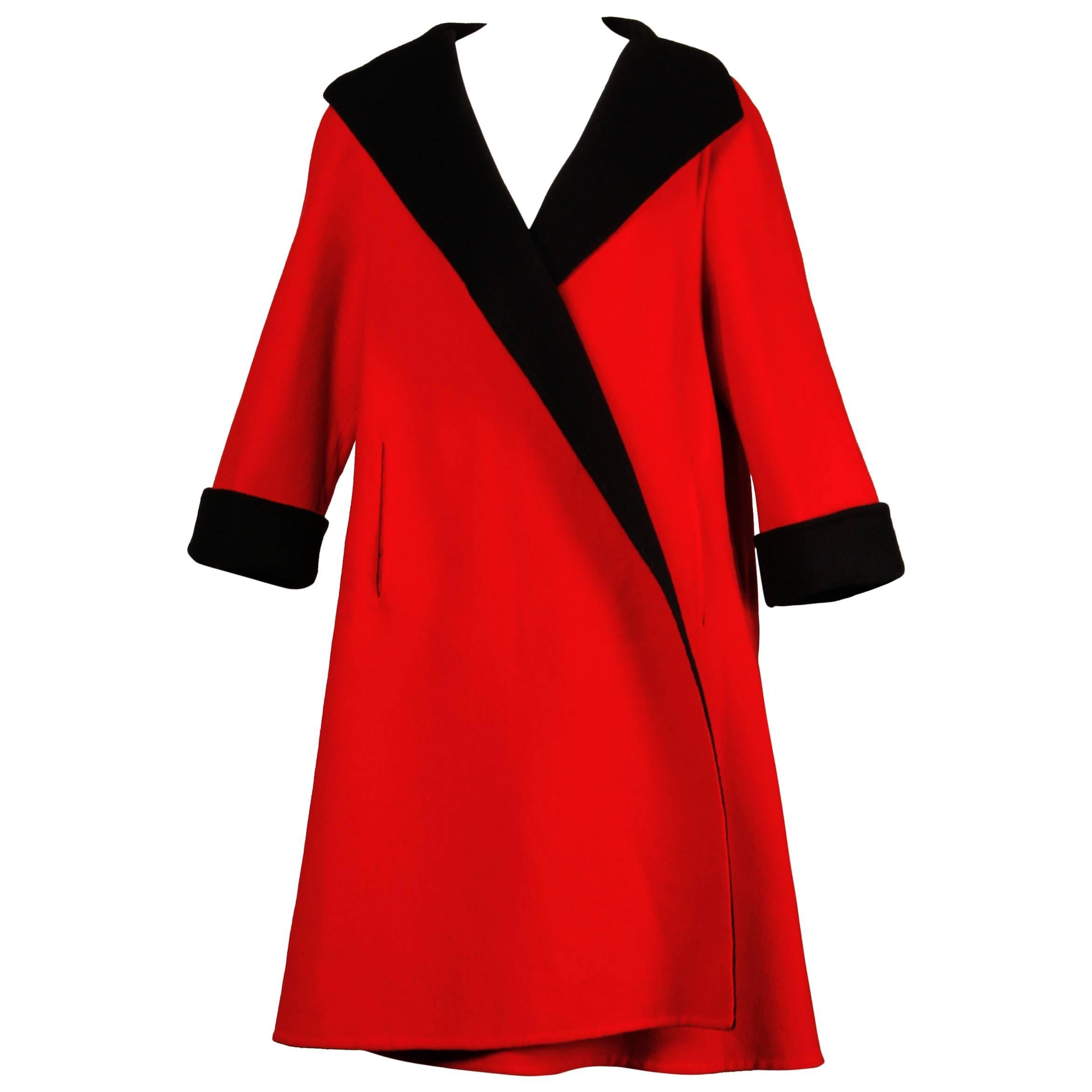 Pauline Trigere 1960s Vintage Red + Black Wool Swing Coat For Sale