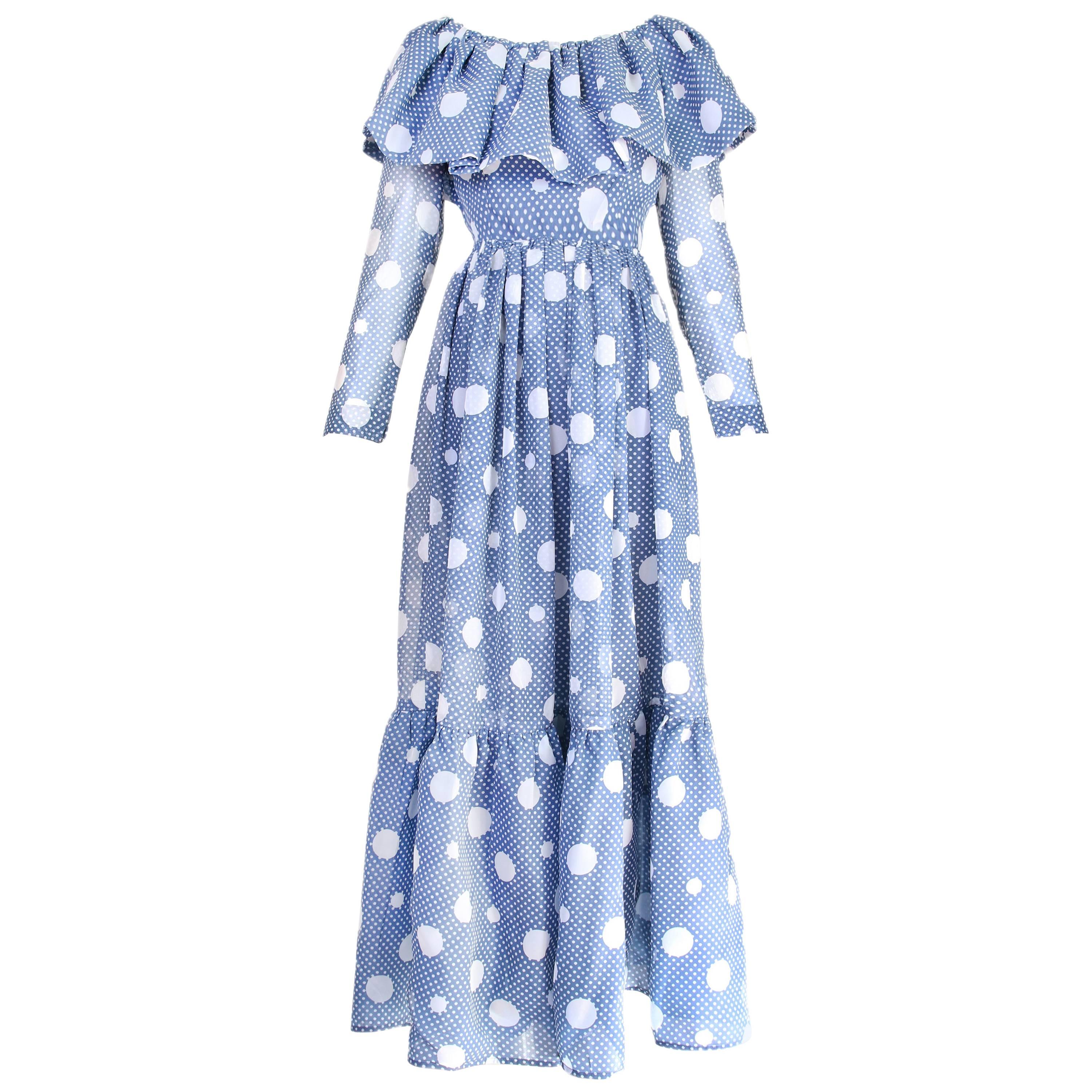 1960's Geoffrey Beene Blue & White Polka Dot Tiered Maxi Dress