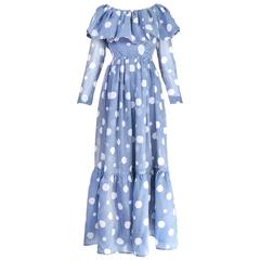 Vintage 1960's Geoffrey Beene Blue & White Polka Dot Tiered Maxi Dress