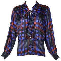 Vintage Yves Saint Laurent Plaid Silk Blouse w/Neck Ties & Original Tags