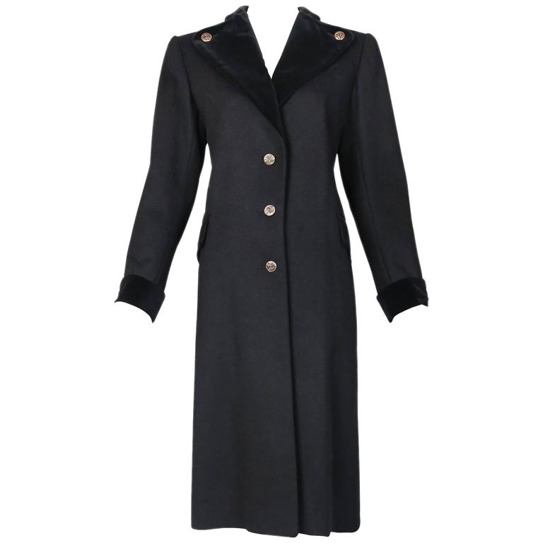Vintage Yves Saint Laurent Black Melton Wool Military Style Coat w