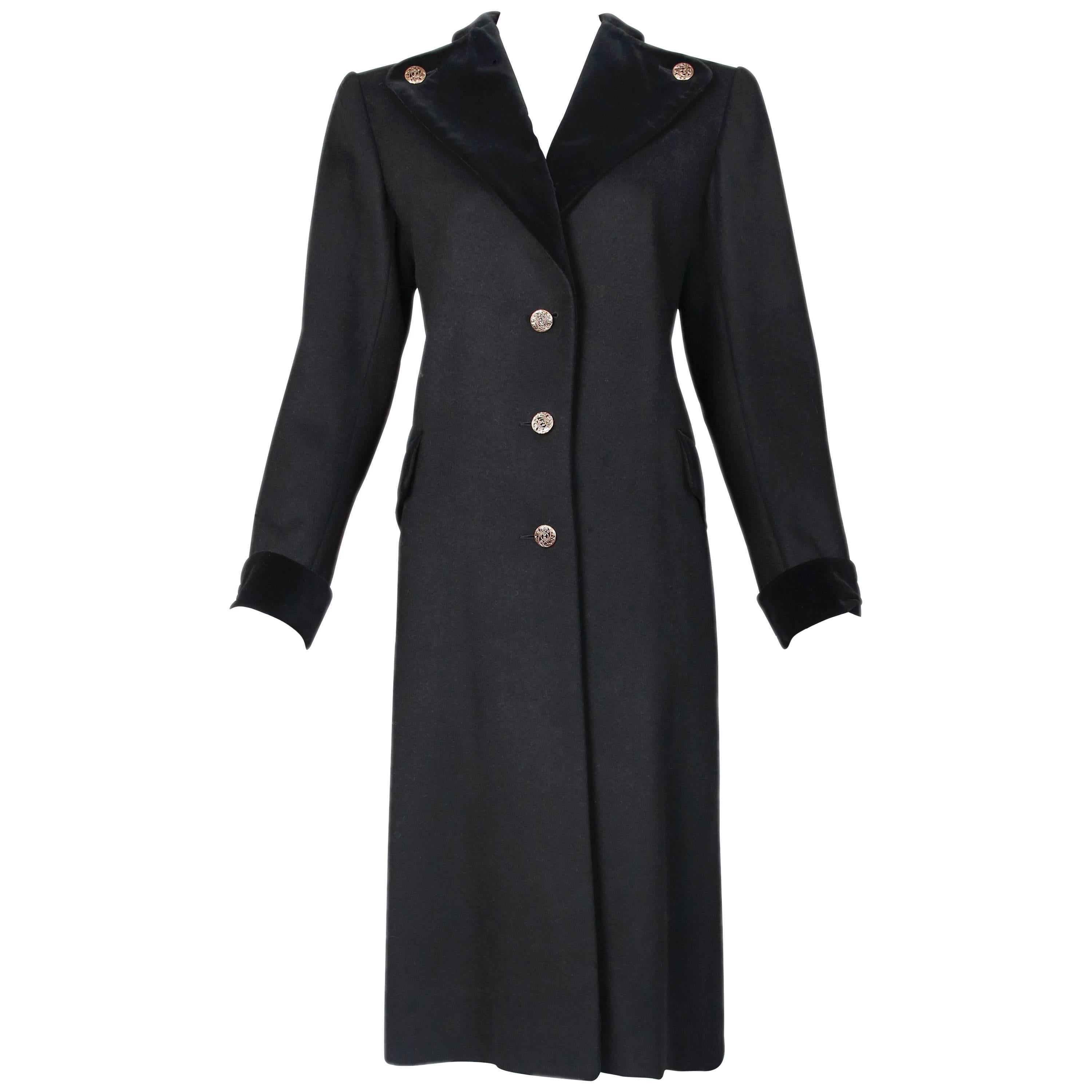Vintage Yves Saint Laurent Black Melton Wool Military Style Coat w/Velvet Trim