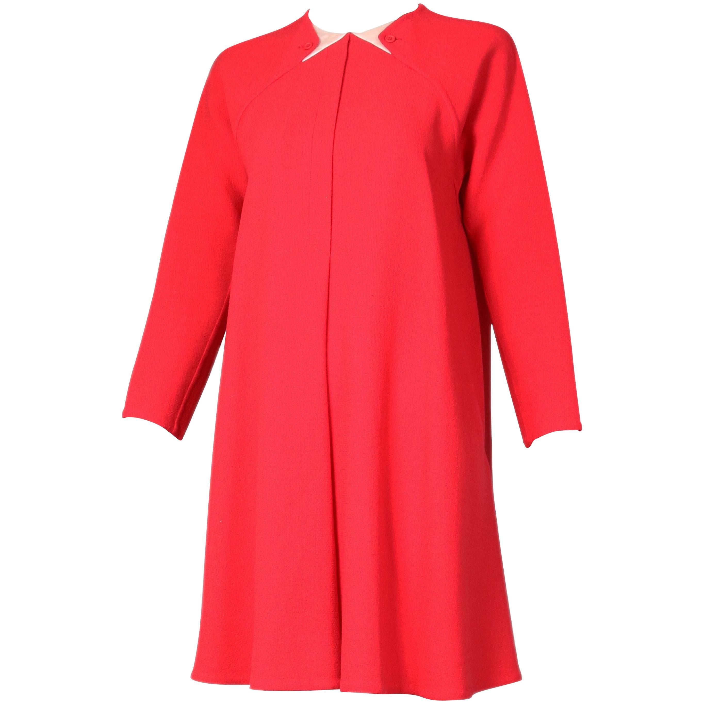 1990's Geoffrey Beene Red Wool Crepe Day Dress w/Signature Design Detail