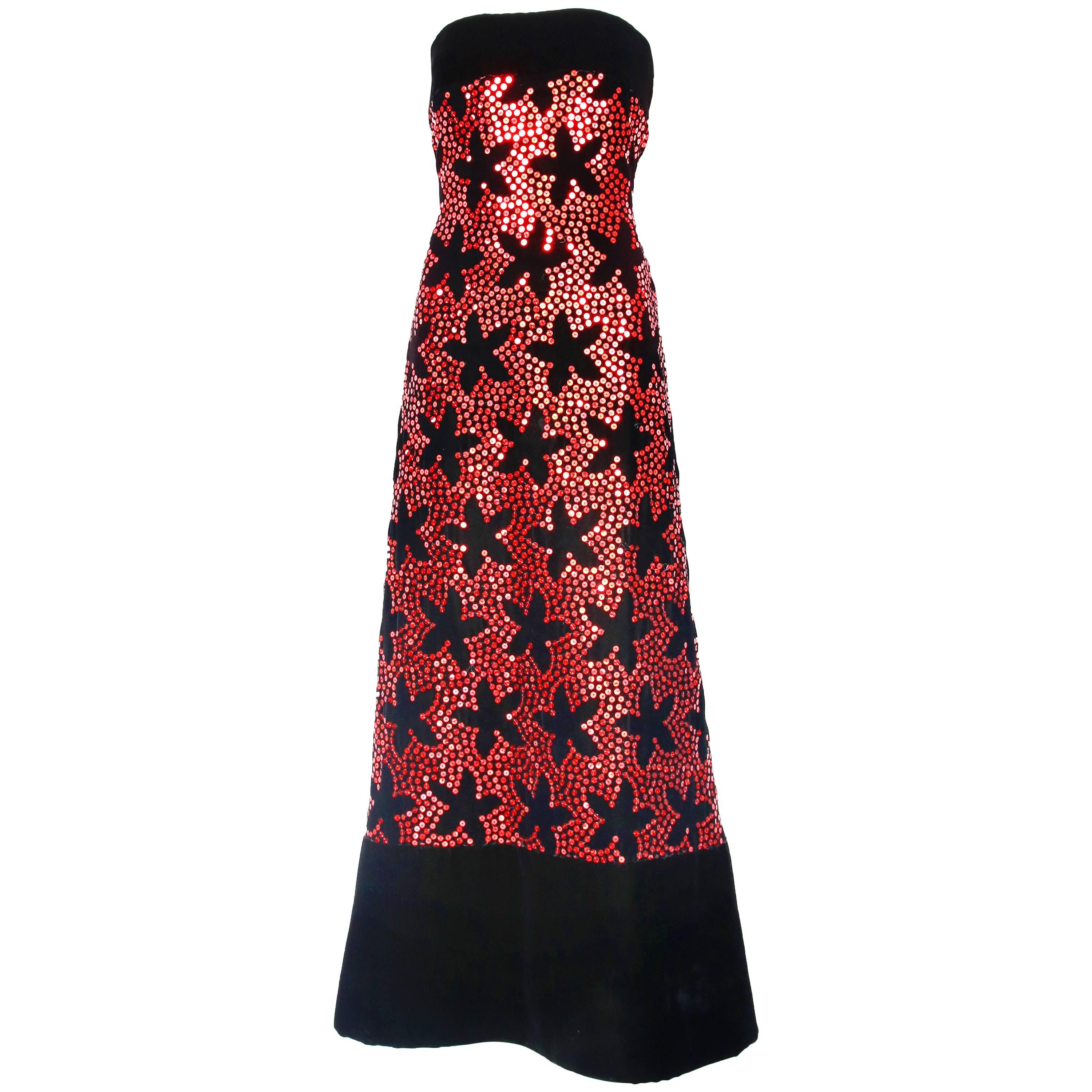 Vintage Arnold Scaasi Black Velvet Evening Gown w/Red Sequin Floral Pattern For Sale