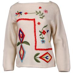 1960s Vintage 100% Wool Hand Embroidered Knit Sweater Top