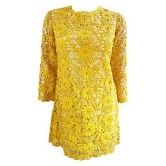 Chic 1960s Yellow Mustard Crochet 3/4 Sleeves Vintage 60s Mini Dress Tunic Top