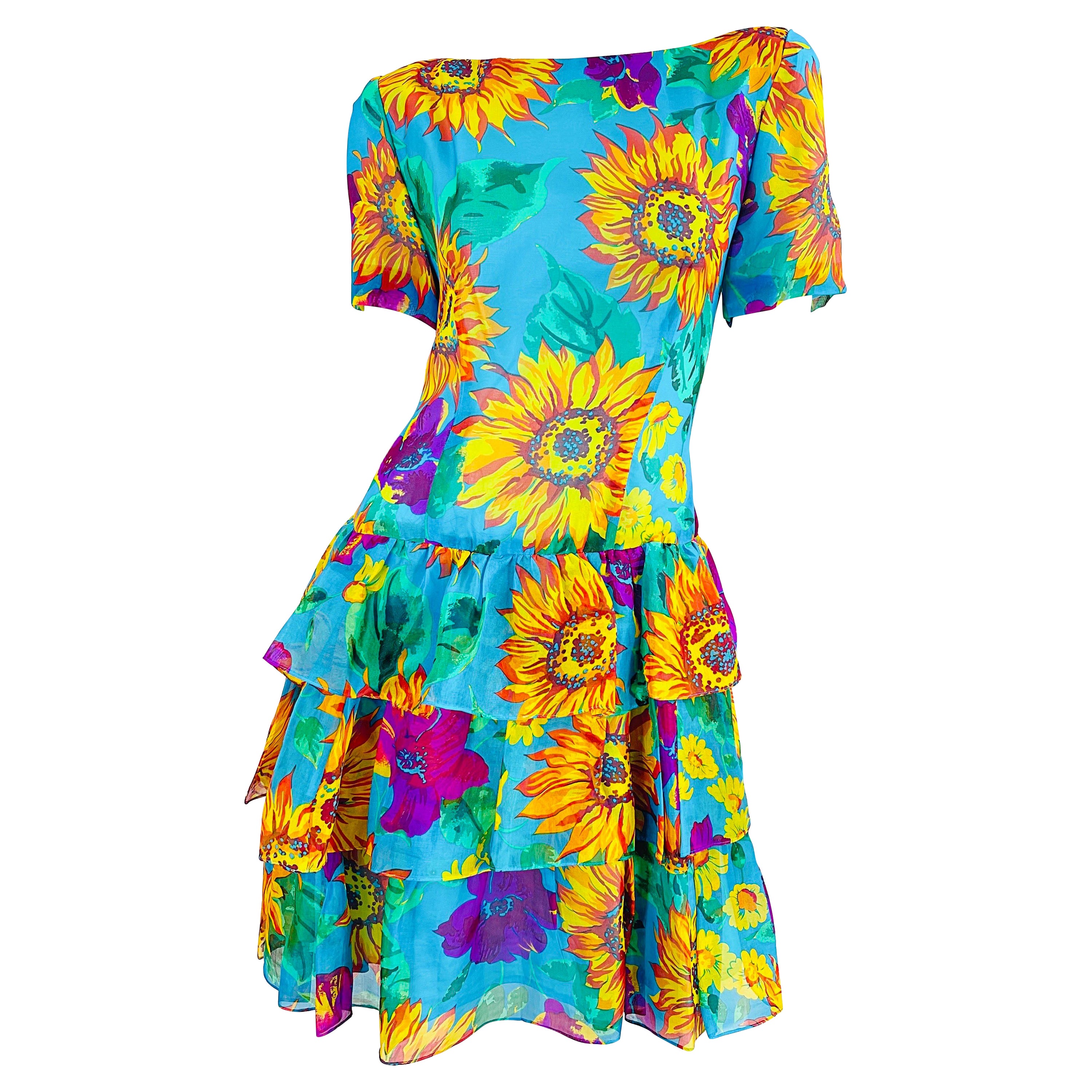 Chic 1980s Silk Chiffon Size 8 / 10 Sunflower Print Turquoise Vintage 80s Dress For Sale